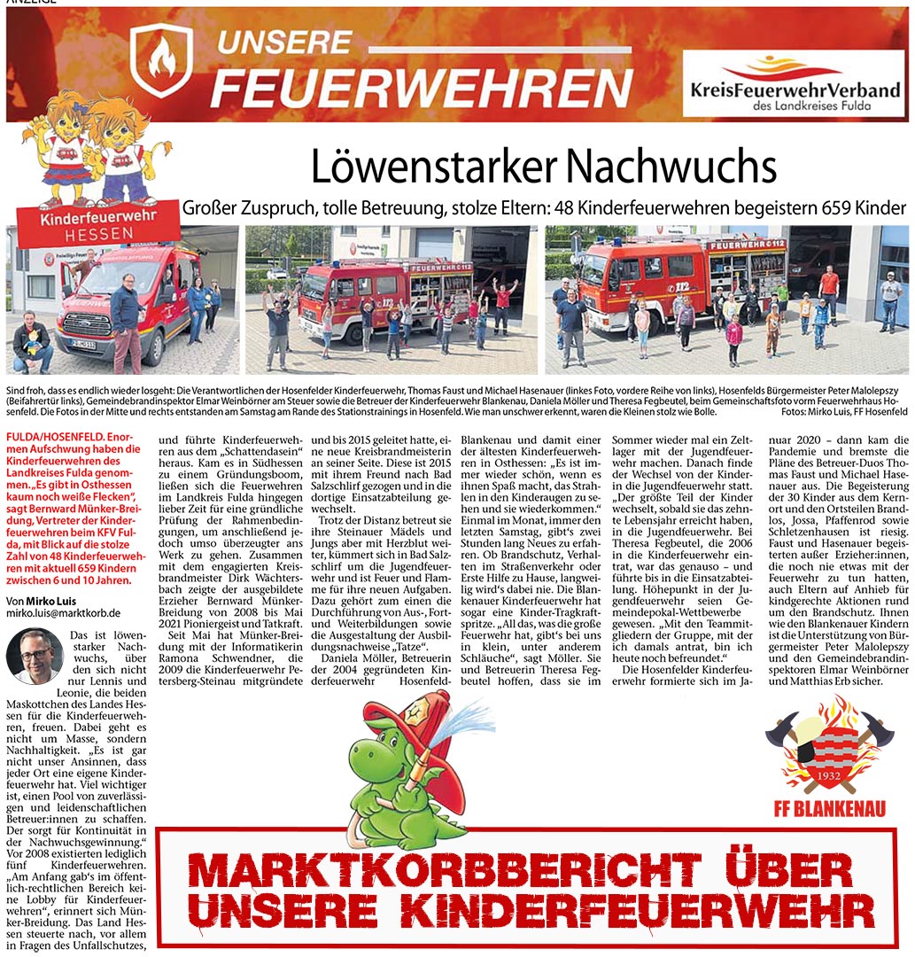 Kinderfeuerwehr Bericht Marktkorb Fulda Sa 05.06.2021